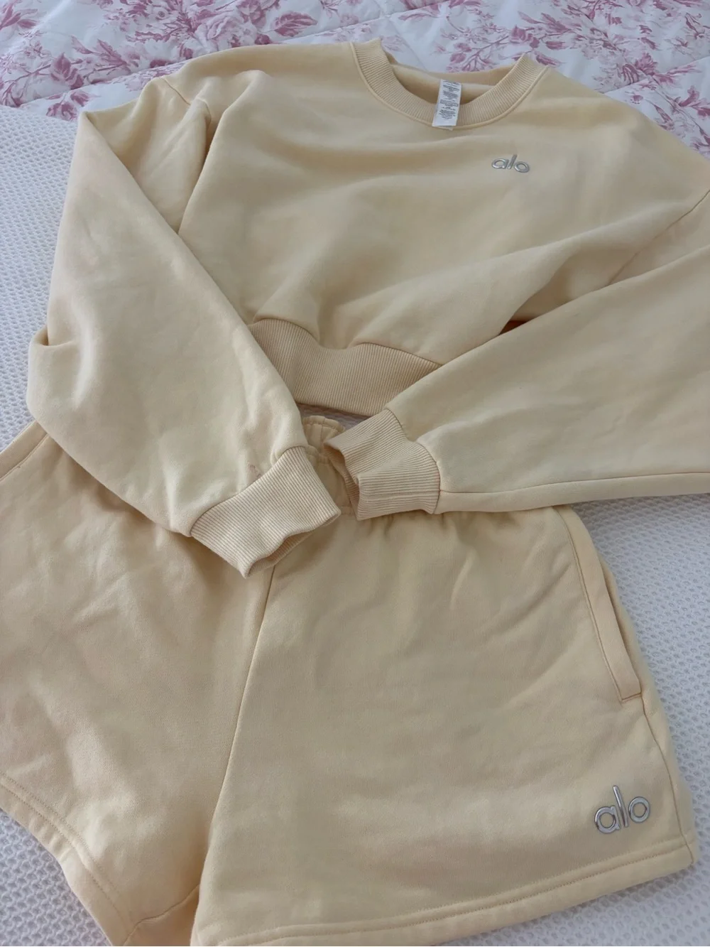 ALO Yoga Cropped Crewneck Sweatshirt in Pale Yellow with matching short